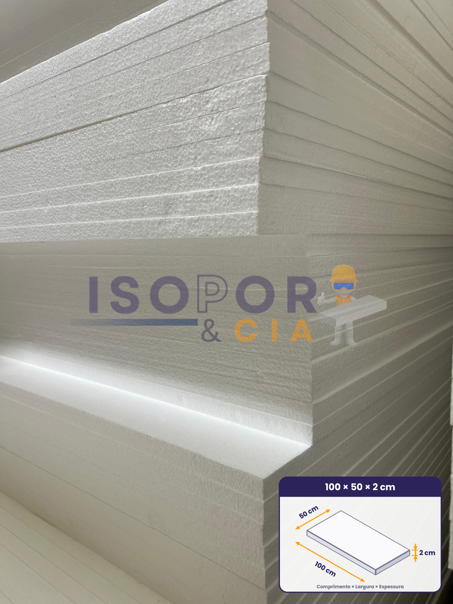 Placa de EPS 100x50x2cm - Isopor Antichamas - Isopor e Cia